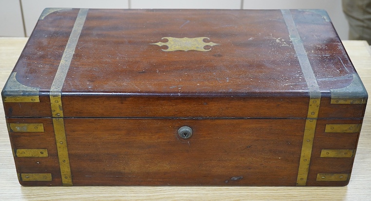 A Victorian brass bound mahogany writing slope, 50.5cm wide. Condition - poor